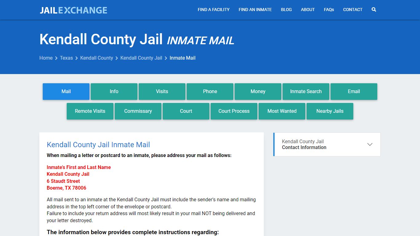 Inmate Mail - Kendall County Jail, TX - Jail Exchange